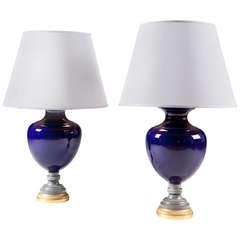 Pair of Blue Porcelain Vases Mounted as Table Lamps
