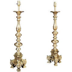A Large Pair of Brass Candlestick Lamps