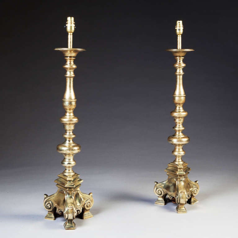 A Large Pair of Brass Candlestick Lamps
