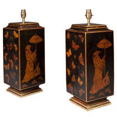 A Pair of Lacquer Chinese Butterfly Decoupage Table Lamps