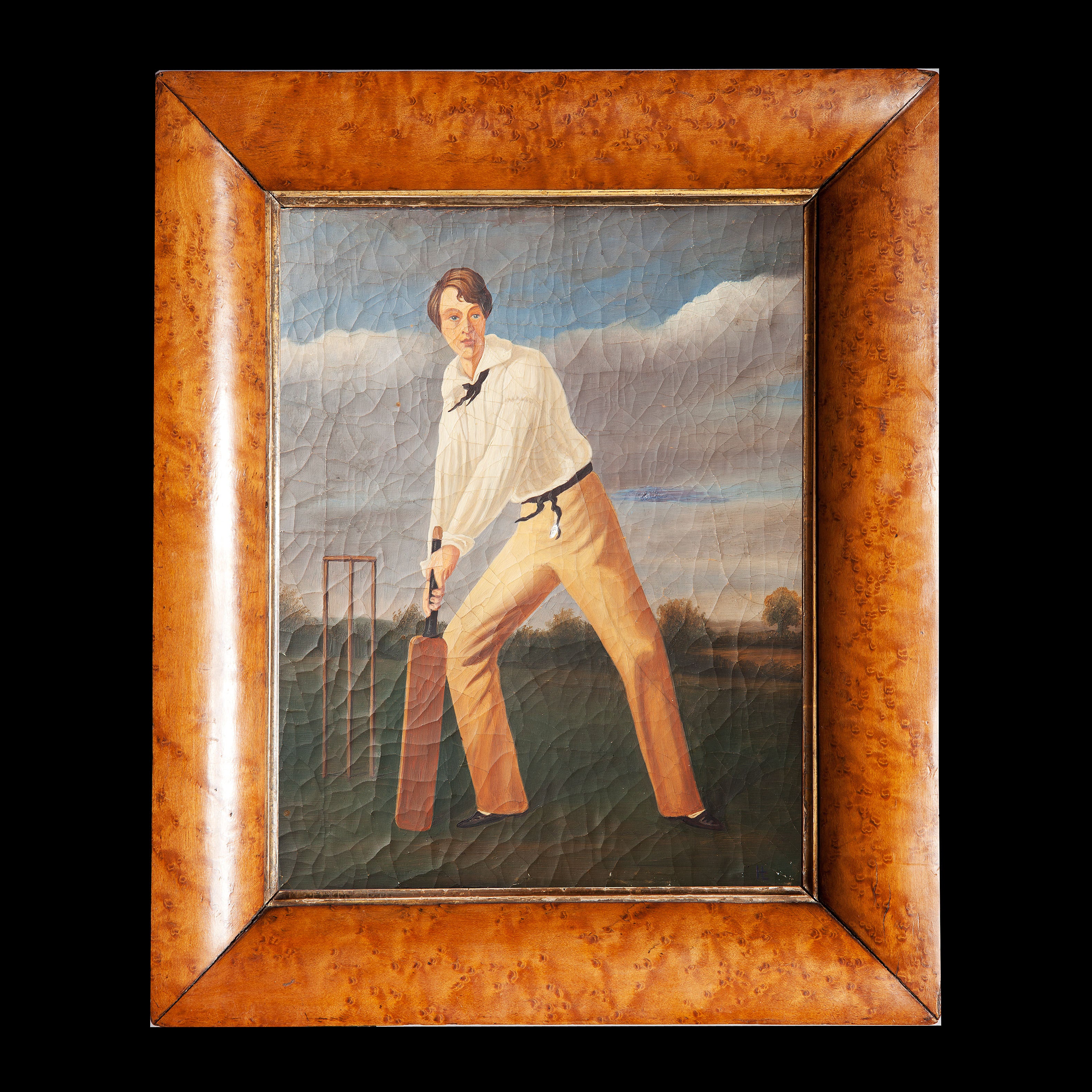 A naive oil painting of a Cricketer