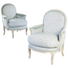 A Pair of Large Scale Grey / Blue Painted Bergeres