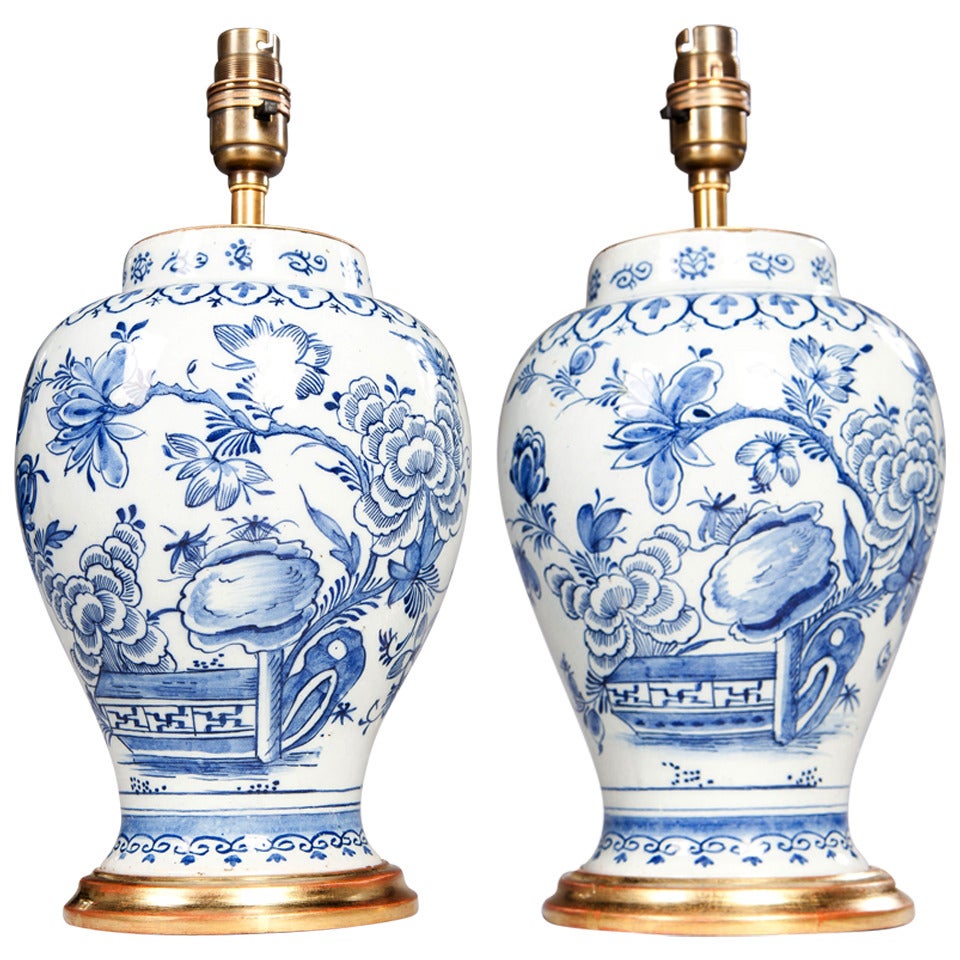 Pair of 18th Century Delft Blue and White Vases as Table Lamps