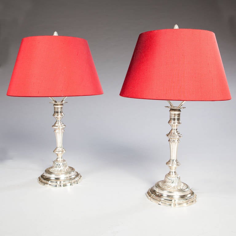 Pair of French Silvered Candlesticks or Desk Lamps
