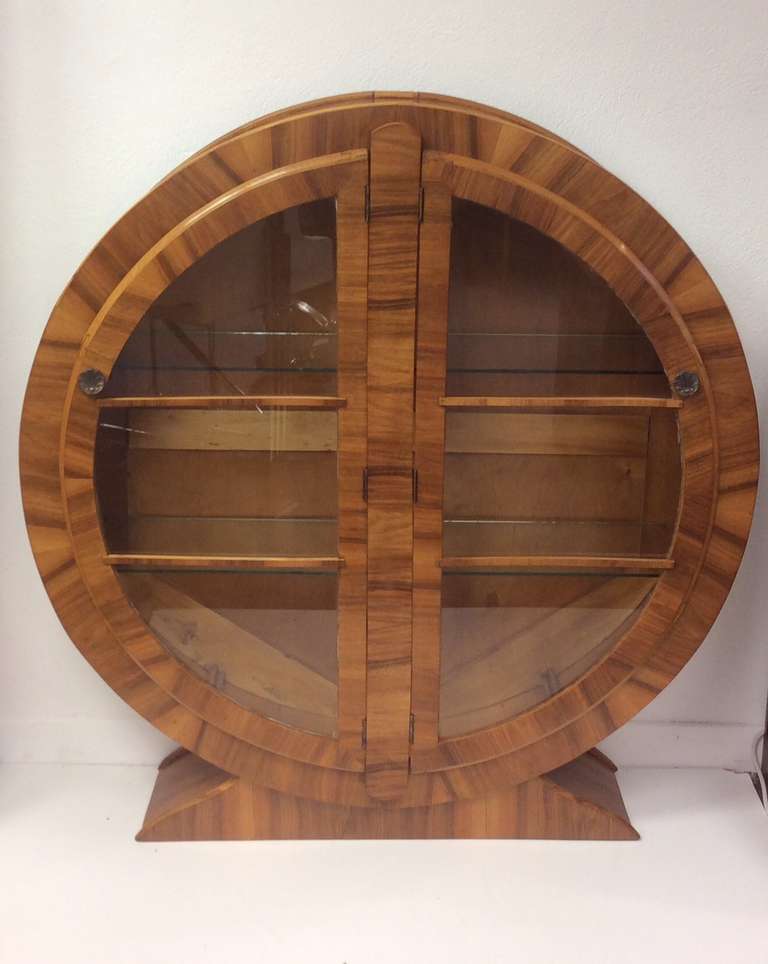 Wonderful Art Deco circular display cabinet, beautiful applied walnut.