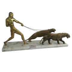 Vintage Art Deco Bronze Male Figure with Two Panthers