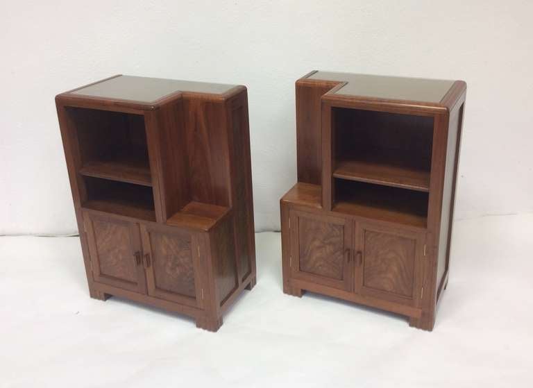 A fine pair of Art Deco bedside cabinets, designed by Betty Joel, handmade at the Token works.
As with all Betty Joel furniture, these are beautifully crafted cabinets, each one is signed and dated
beautiful figured walnut, inset glass tops