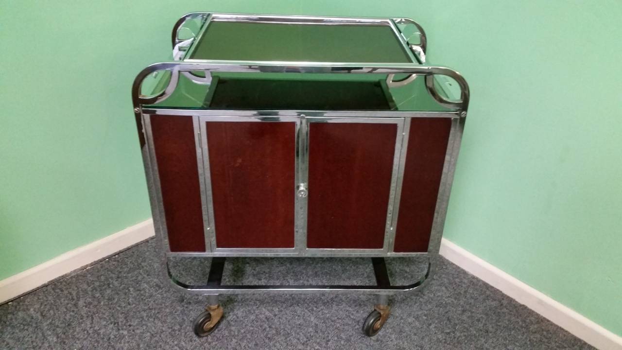 British Rare Art Deco Cocktail Trolley with Compleat Accessories