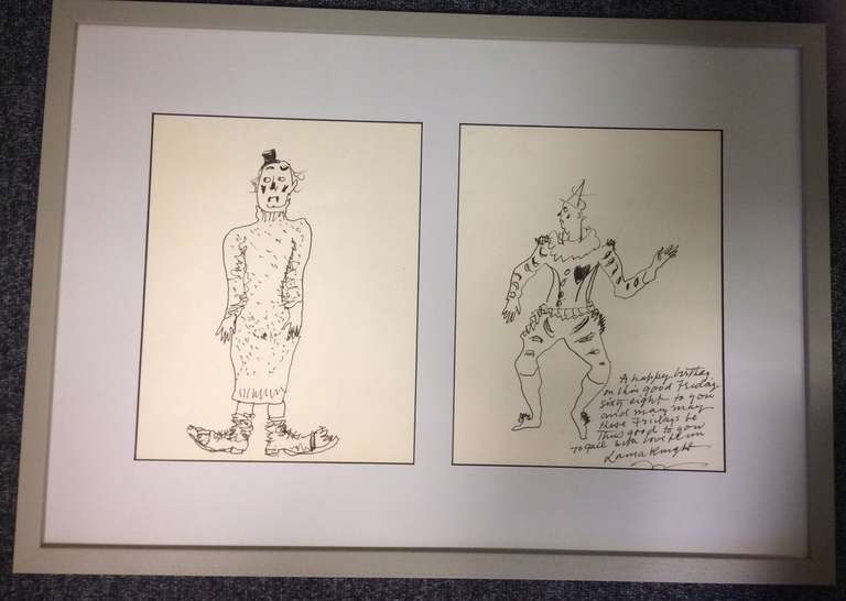 Pen and Ink Drawings of two clowns, one with scripture: A Happy Birthday on this Good Friday, Sixty Eight to you, and many may these Fridays be thus good to you, To Gail with Love From Laura Knight.
One Signed Lower right. 

Literature: The first