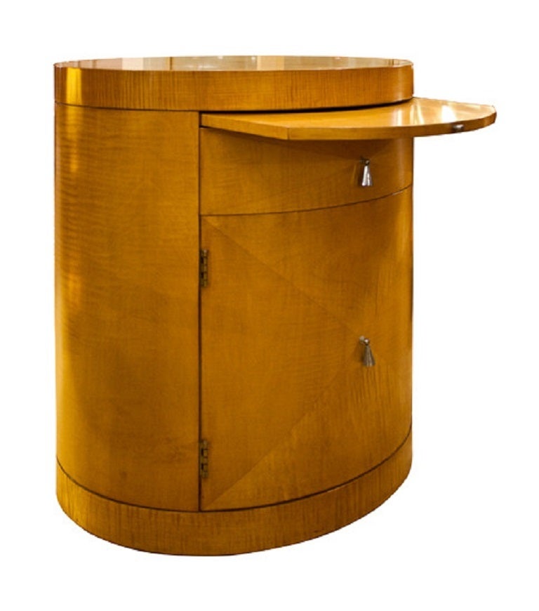A Pair of Art Deco Satin Wood Bedside Cabinets or Side Tables. 
Single Drawer and pull out shelf over cupboard, great oval shape finished in beautiful blonde satin wood, these are lighter than in my images.