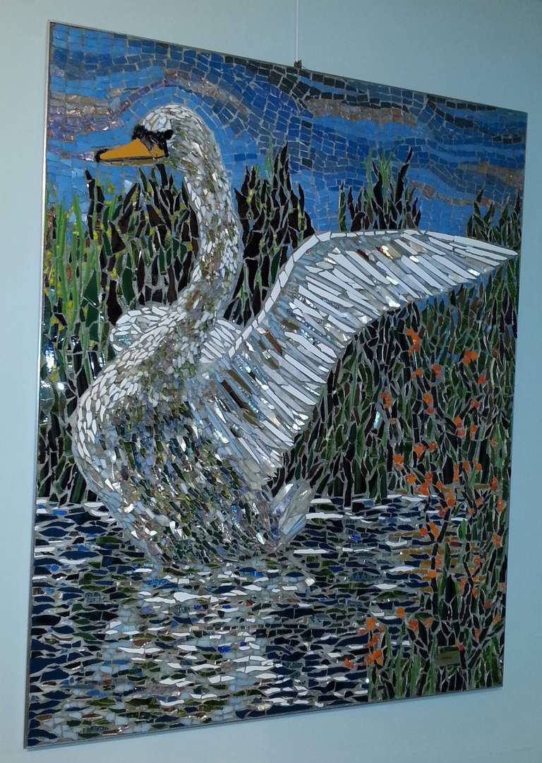 A truly Stunning and impressive Art Work depicting a Swan on the river in a polished steel frame., produced by a well practiced Mosaic Artist, plaque in bottom left corner for Estdale 

Signed/Inscribed/Dated: PLAQUE BOTTOM LEFT FOR ESTDALE
