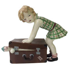 Art Deco Figure Girl with Suitcase by Goldscheider