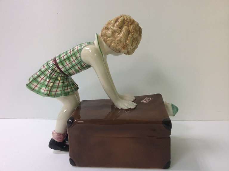 Mid-20th Century Art Deco Figure Girl with Suitcase by Goldscheider