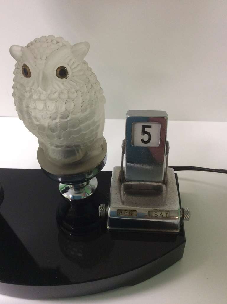 American Art Deco Table Lamp with Owl Night Light and Calendar