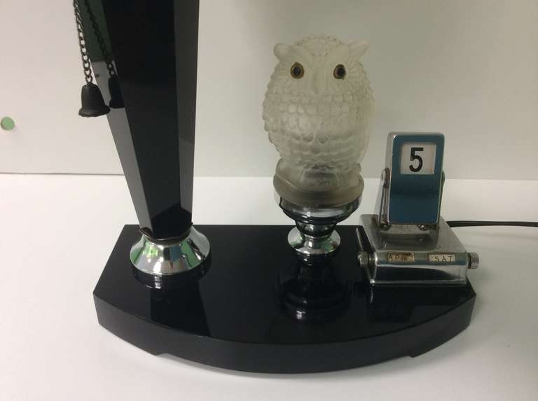 Art Deco Table Lamp with Owl Night Light and Calendar In Excellent Condition In London, GB