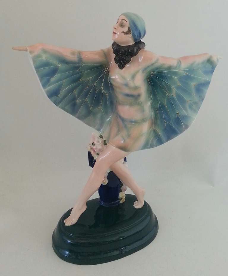 Goldscheider (1885-1938)
The Captured Bird a model by Josef Lorenzl (1892-1950)
An impressive Art Deco Polychrome porcelain Figure with Gossamer Wings inspired by a dance performed by Niddy Impekoven.
This model in a rare pale blue colour
Model