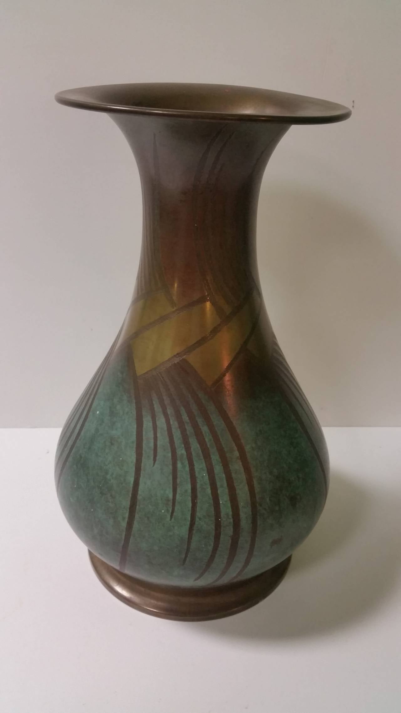 WMF Art Deco Vase with a Geometric Enamel decoration. 
25 cm h 15 cm dia at the widest point