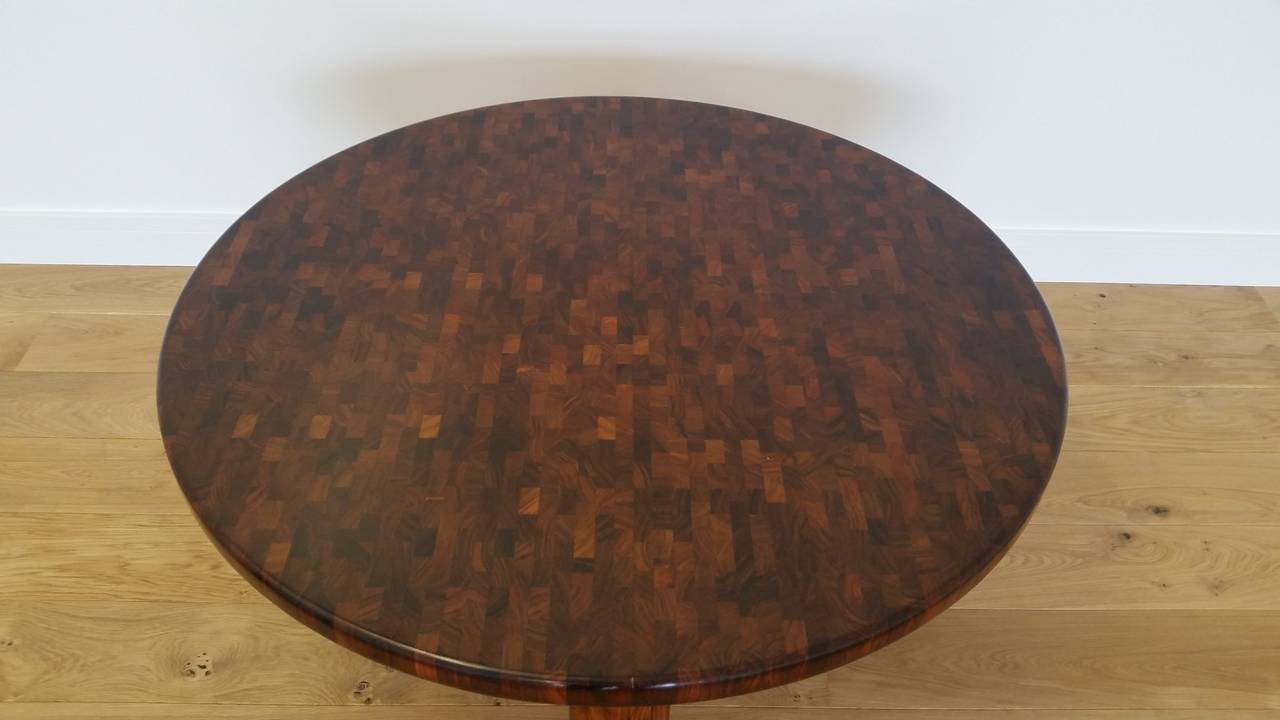 Mid Twentieth Century Design large Round low table in various solid block woods, Bramin. 
This Stunning Rosewood and block Table has the Bramin Disk inserted into the wood, this beautiful Table wood enhance any good modern design interior