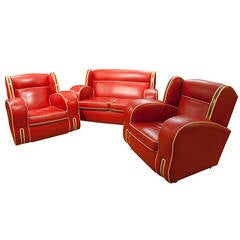 Art Deco Red Leather Lounge Suite