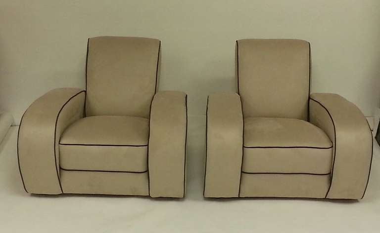 A great Pair of Art Deco Arm Chairs, very stylish design, re-upholstered in a soft faux suede.