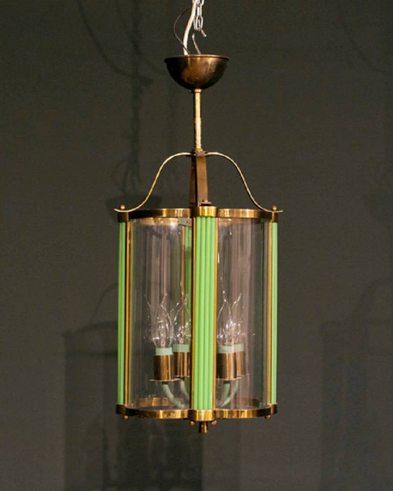 Atelier Petitot, Original French Art Deco four light Lantern. 
Stunning with green glass rods and curved clear glass