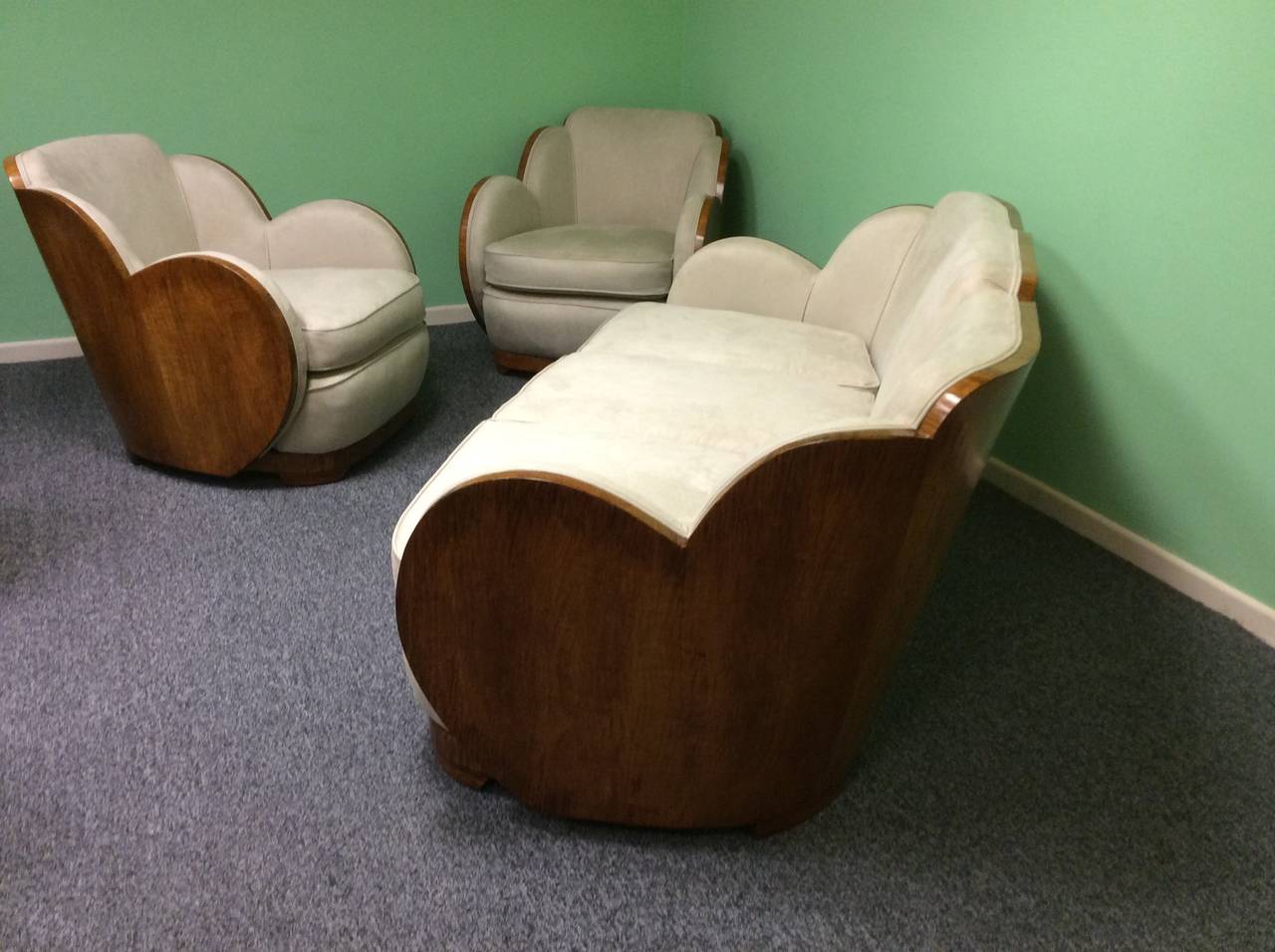Art Deco Cloud Back Suite, Harry and Lou Epstein (1895-1970) 
This beautiful suite comes with Walnut back and sides all re-upholstered in a soft faux Suede, which is very comfortable and durable also easy to clean. 
Sofa 77 cm h 170 cm w 90 cm d