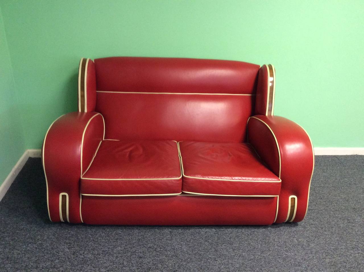 British Art Deco Red Leather Sofa