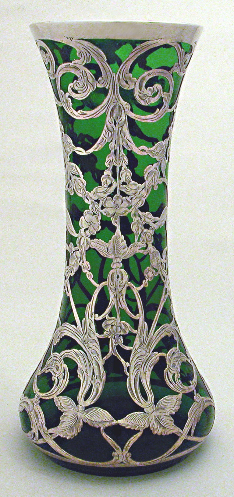 American Large Green Pure Silver Overlay 999/1000 Vase, Circa 1900 For Sale