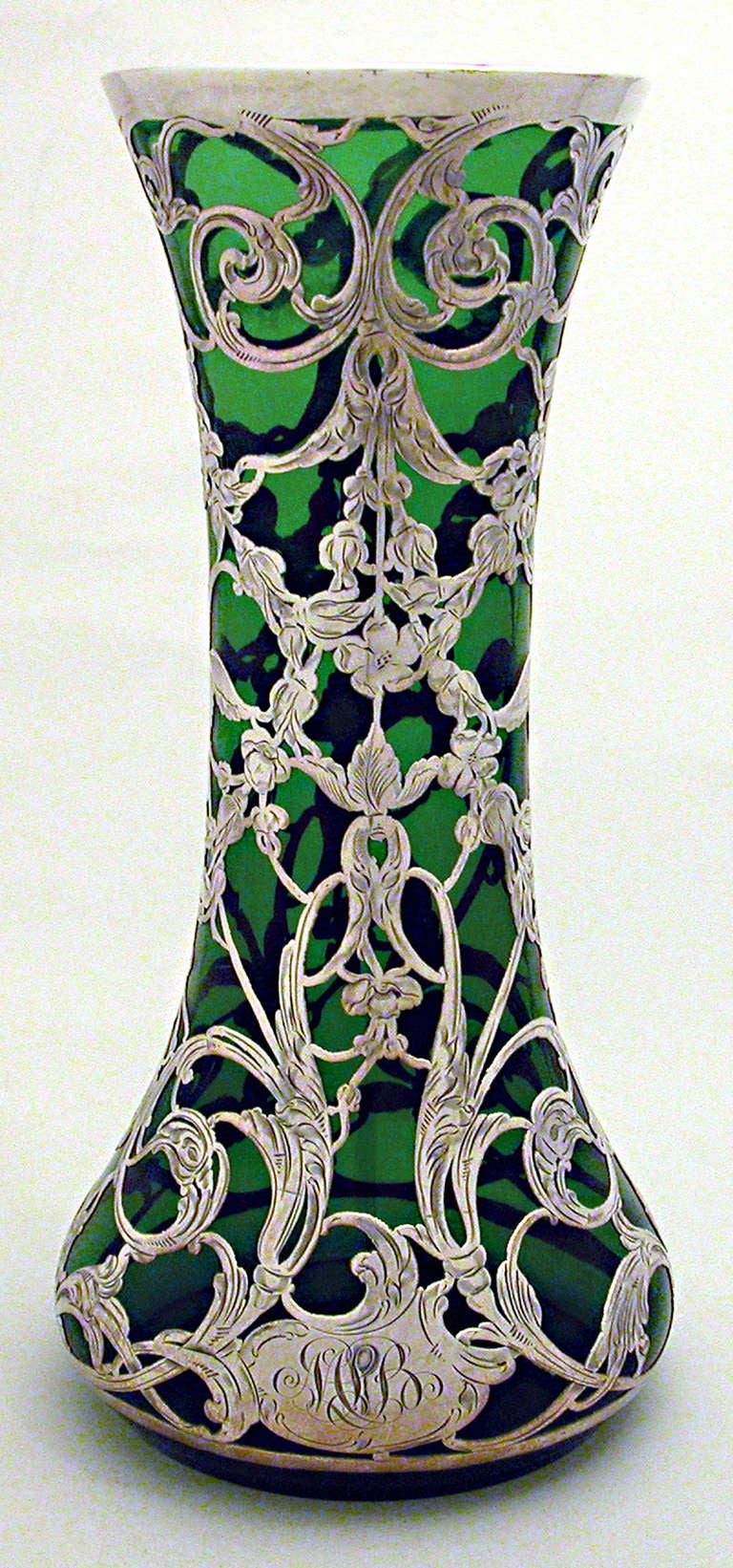 Large green pure silver overlay 999/1000 vase, Circa 1900.
Perfect example of this era.  14 in. high X 7 in. in diameter.