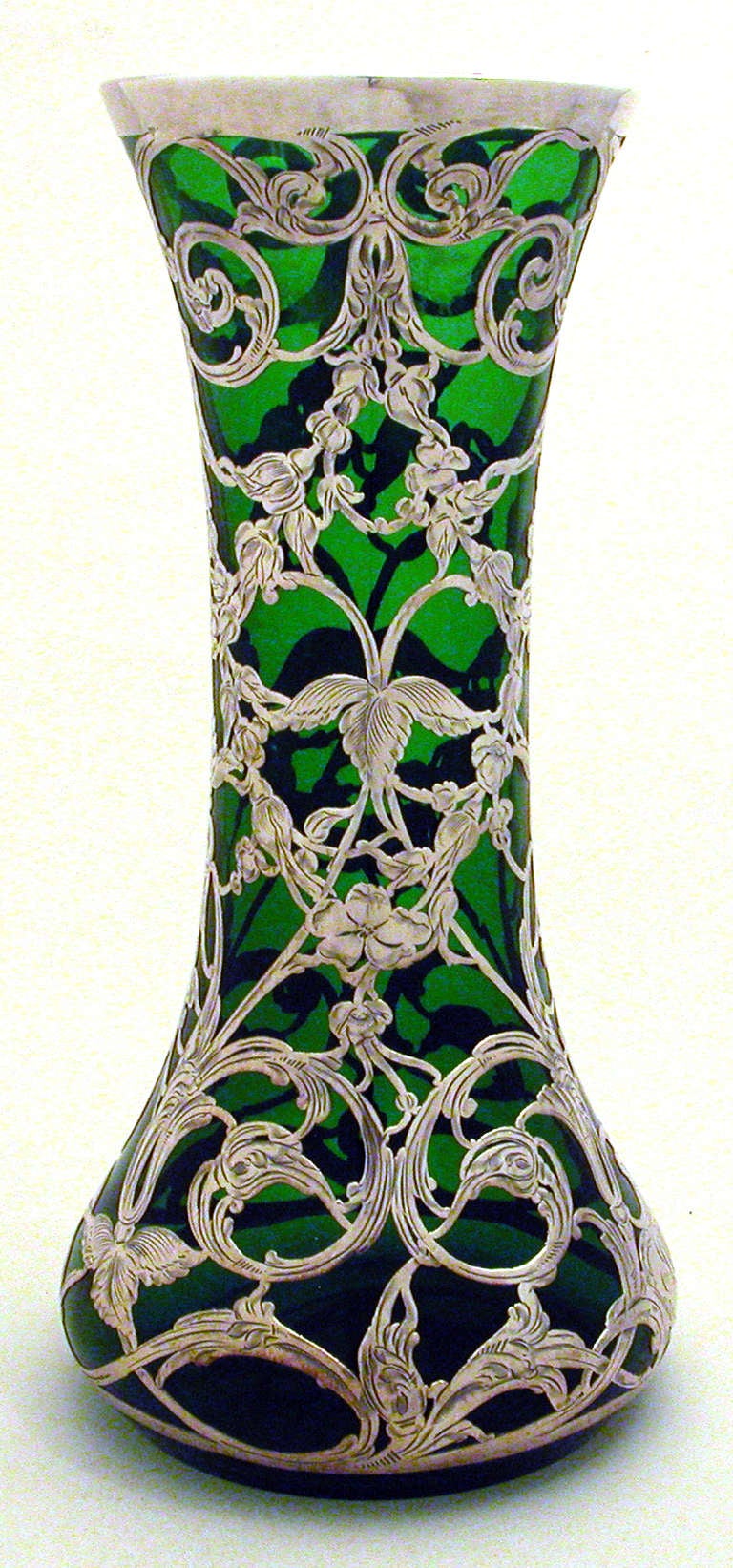 Large Green Pure Silver Overlay 999/1000 Vase, Circa 1900 In Excellent Condition For Sale In Los Angeles, CA