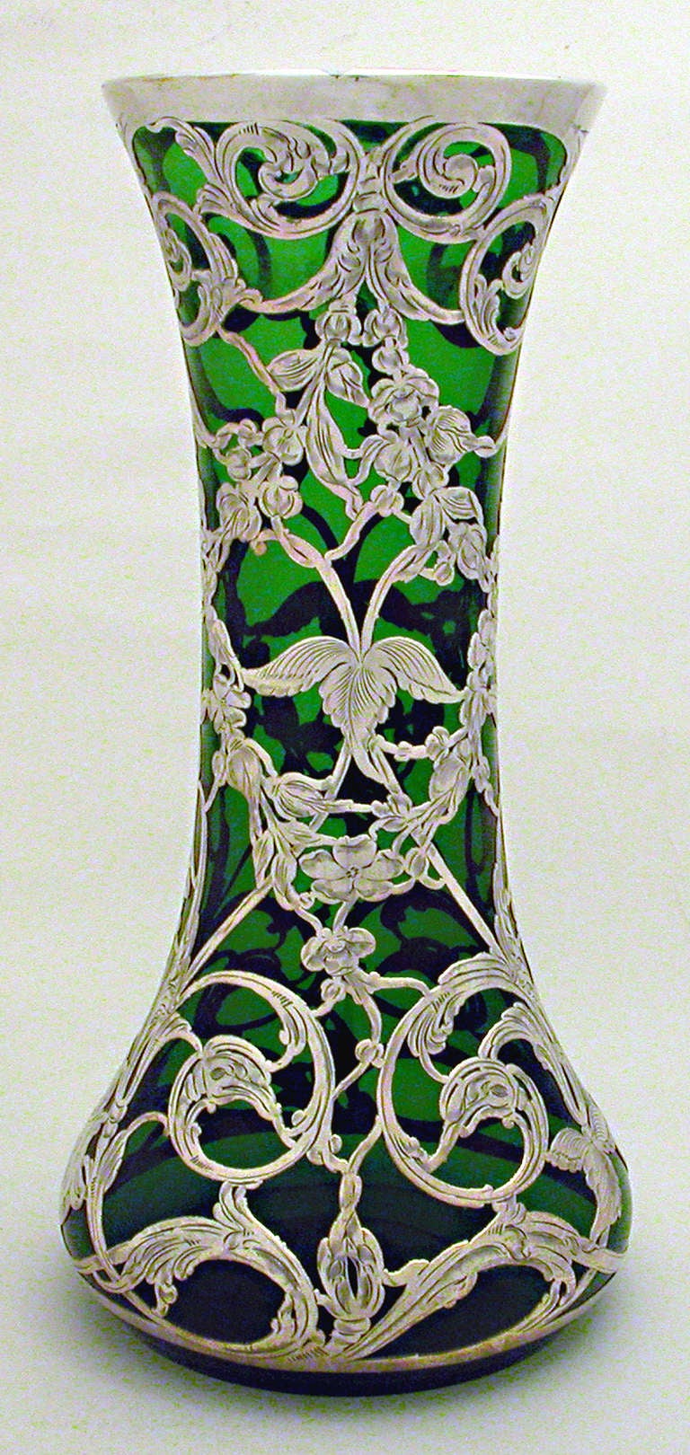 20th Century Large Green Pure Silver Overlay 999/1000 Vase, Circa 1900 For Sale