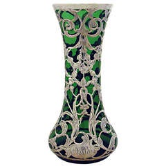 Large Green Pure Silver Overlay 999/1000 Vase, Circa 1900