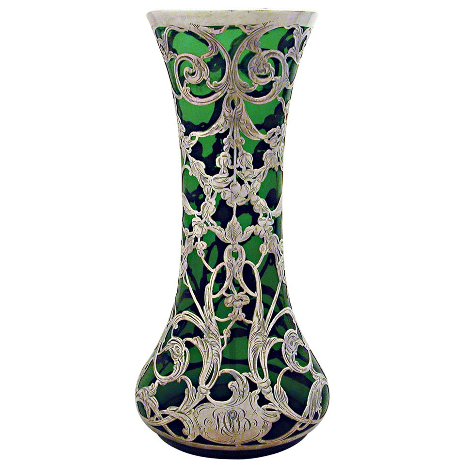Large Green Pure Silver Overlay 999/1000 Vase, Circa 1900 For Sale