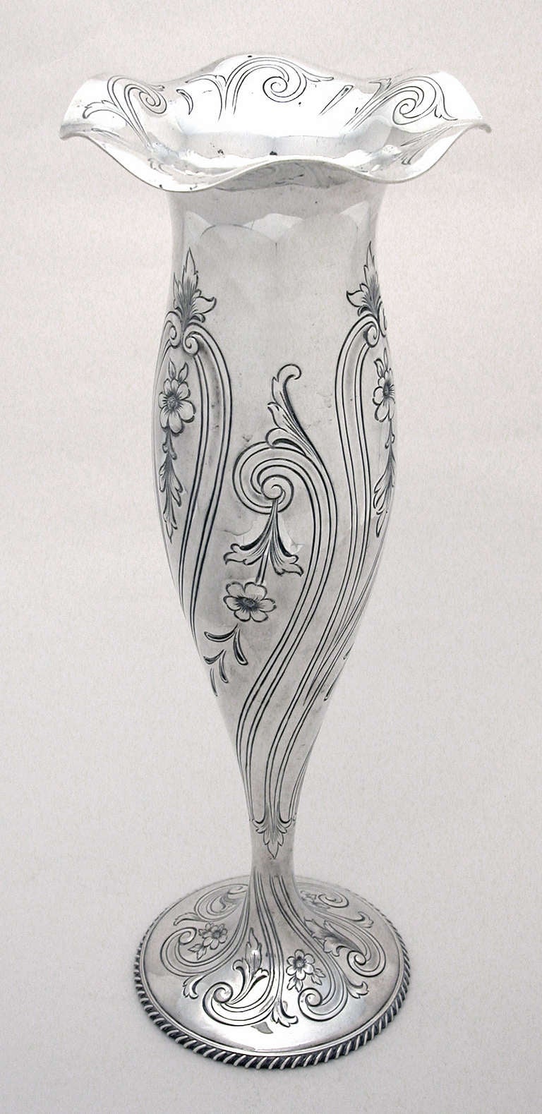 Etched sterling silver Art Nouveau vase by Shreve, San Francisco, Circa 1900.  16.50 in. high by 6 in. diameter.