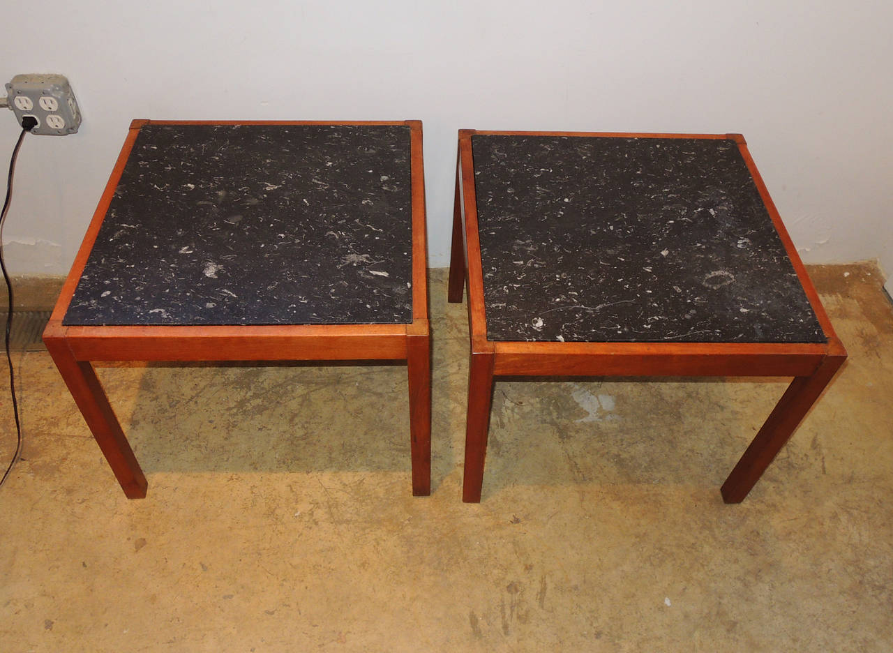 Mid-Century Modern Pair of Teak and Belgian Black Limestone Side Tables For Sale