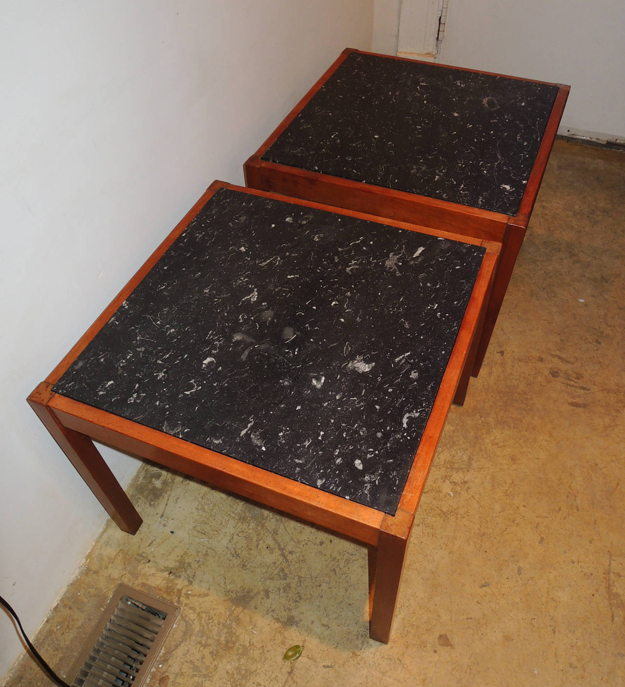 Pair of Teak and Belgian Black Limestone Side Tables For Sale 5