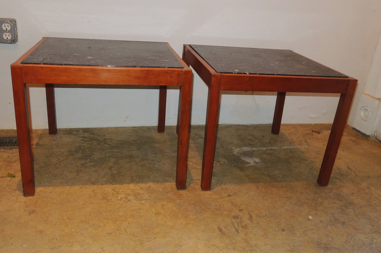 Pair of Teak and Belgian Black Limestone Side Tables For Sale 1