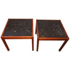 Pair of Teak and Belgian Black Limestone Side Tables