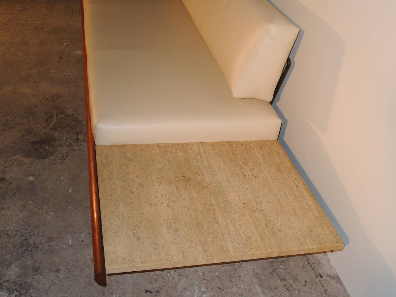 Mid-Century Modern Rare Pearsall Sofa with Travertine Side Tables Built In For Sale
