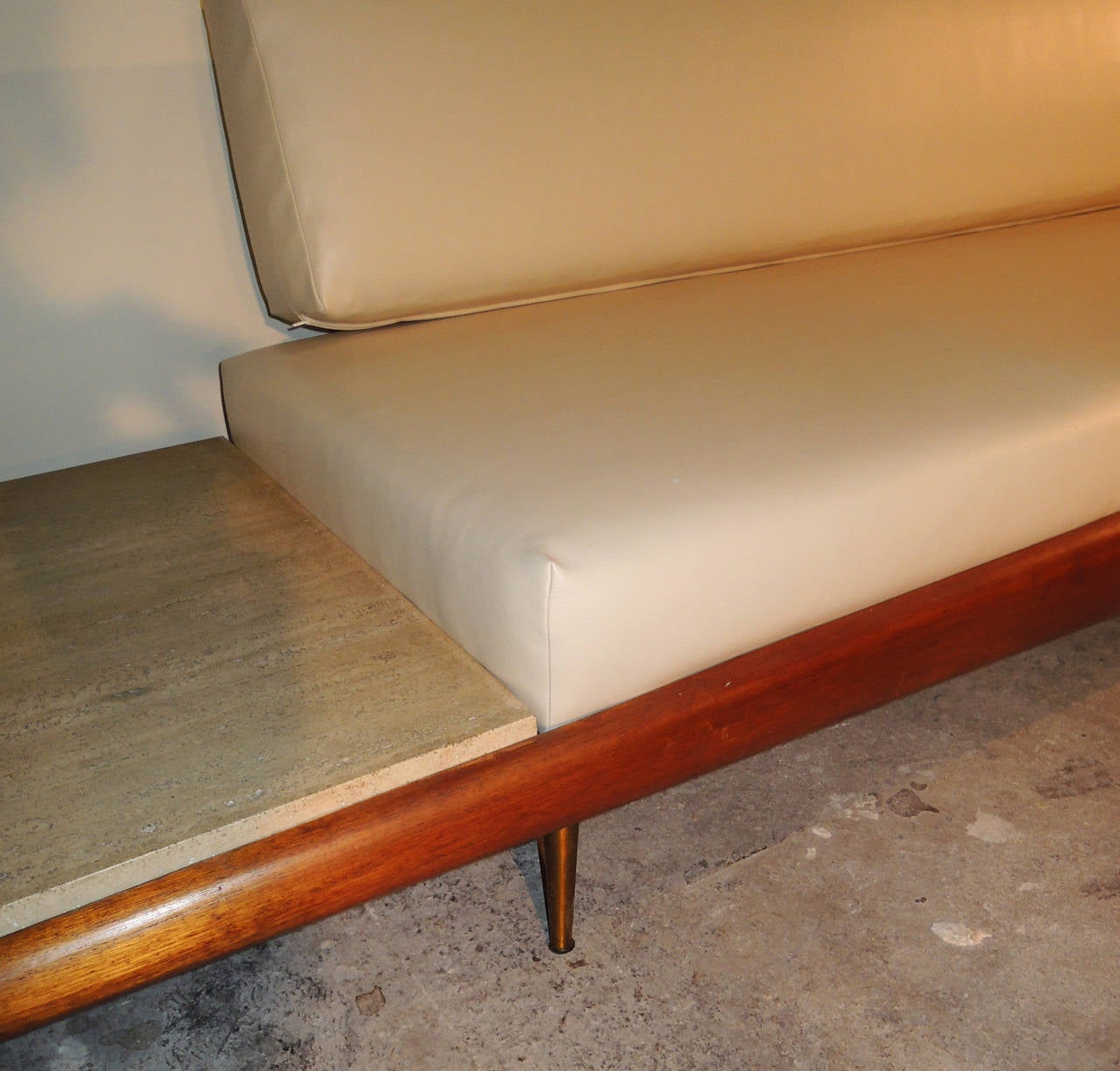 Mid-20th Century Rare Pearsall Sofa with Travertine Side Tables Built In For Sale