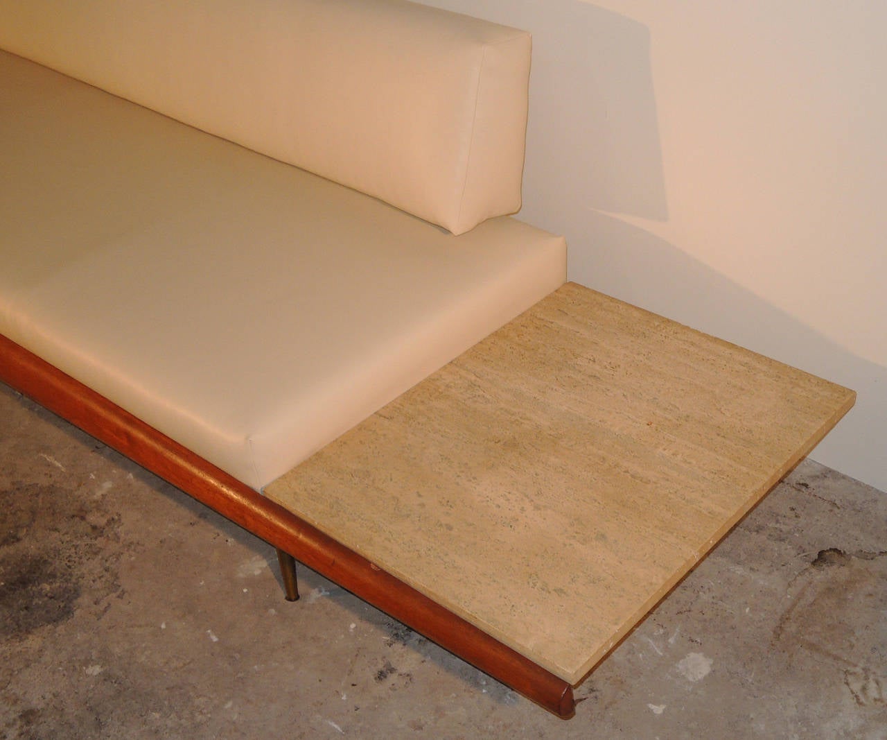 Rare Pearsall Sofa with Travertine Side Tables Built In In Good Condition For Sale In Washington, DC