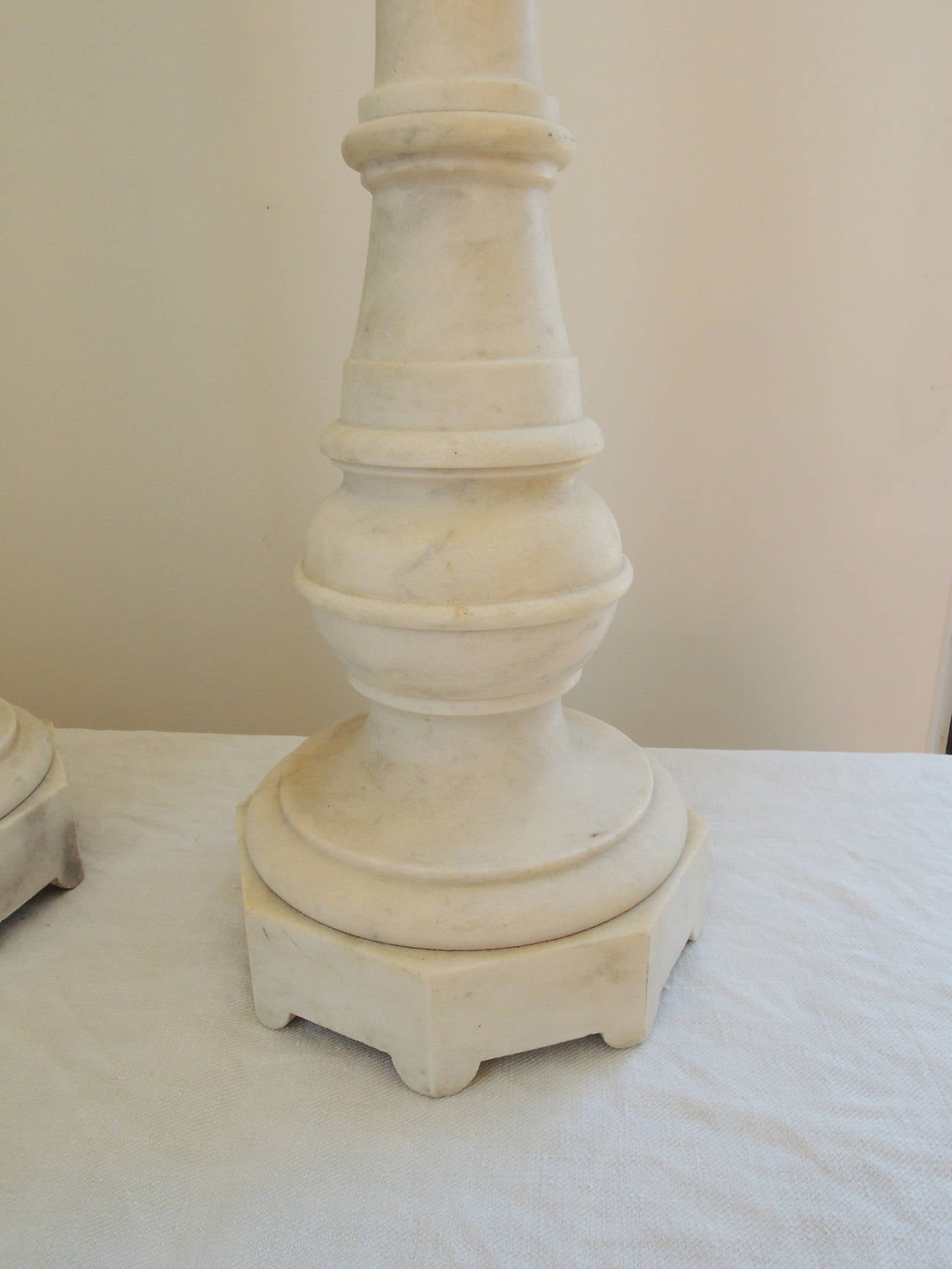 19th C. French Marble Candlestick Lamps 2