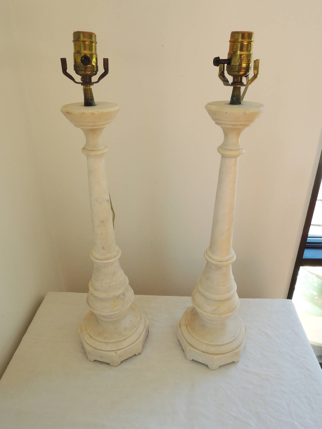 19th C. French Marble Candlestick Lamps 1