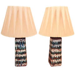 Pair Of Terra Cotta Lamps With Abstract Glaze