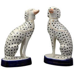 Pair of Antique Staffordshire Figures of Dalmatian Dogs Seated on Blue Bases circa 1855 Period