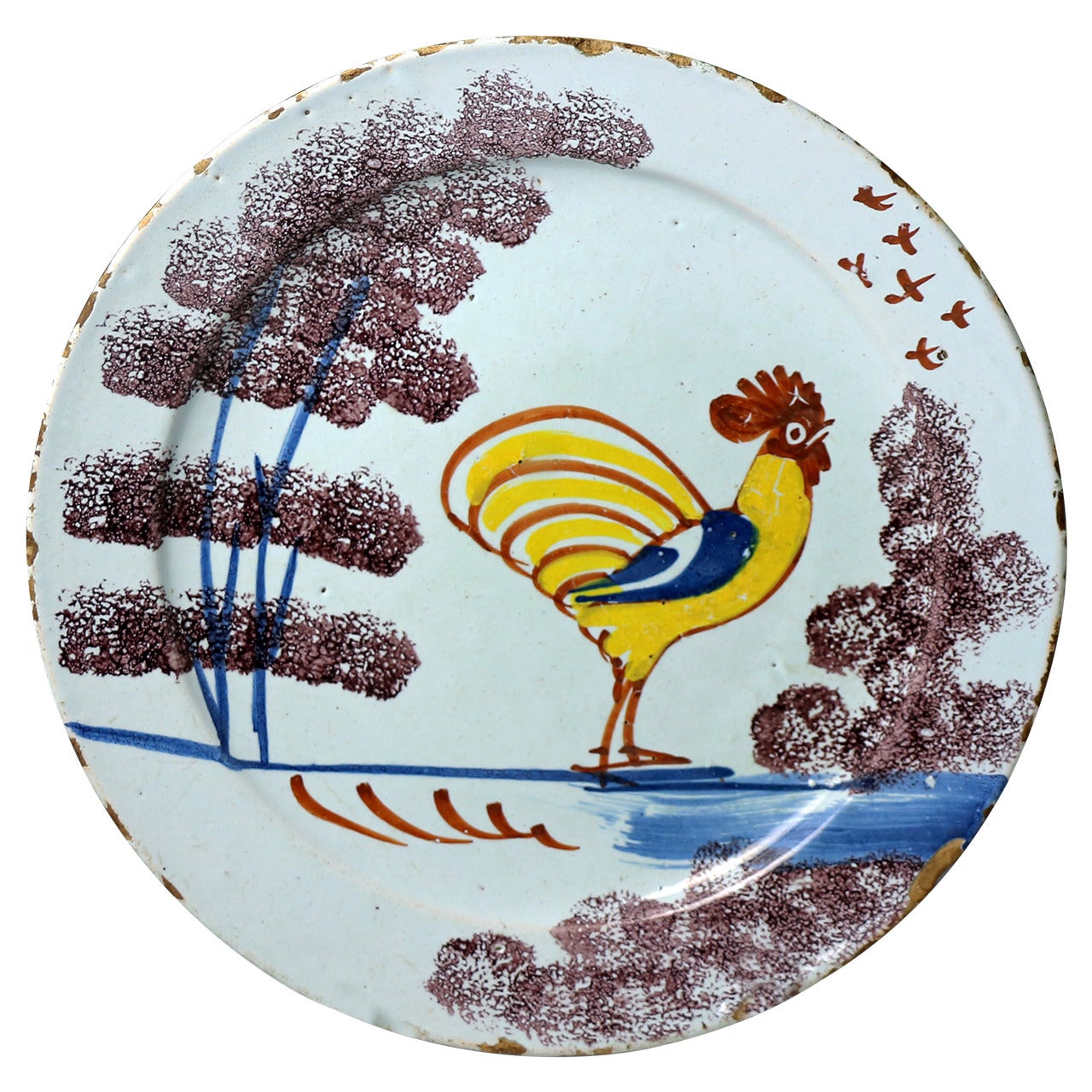 English Delftware Farmyard Plate with Figure of a Rooster For Sale