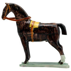Antique English Pottery Figure of a Horse on Green Base, North East England