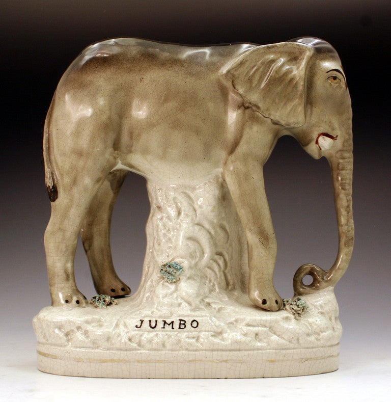 A rare Staffordshire pottery figure of JUMBO the famous circus elephant. 

Provenance: Private collection in West country England.