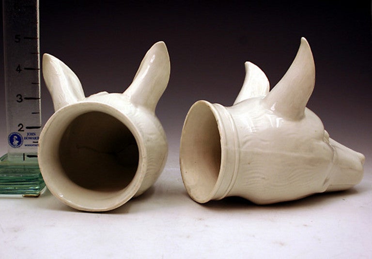 English Pair Of Pearlware Pottery Fox Head Stirrup Cups 