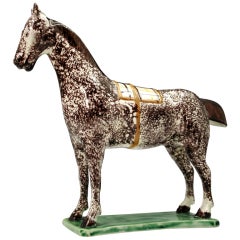 Antique English pottery figure of a standing horse on base. Late 18th century 